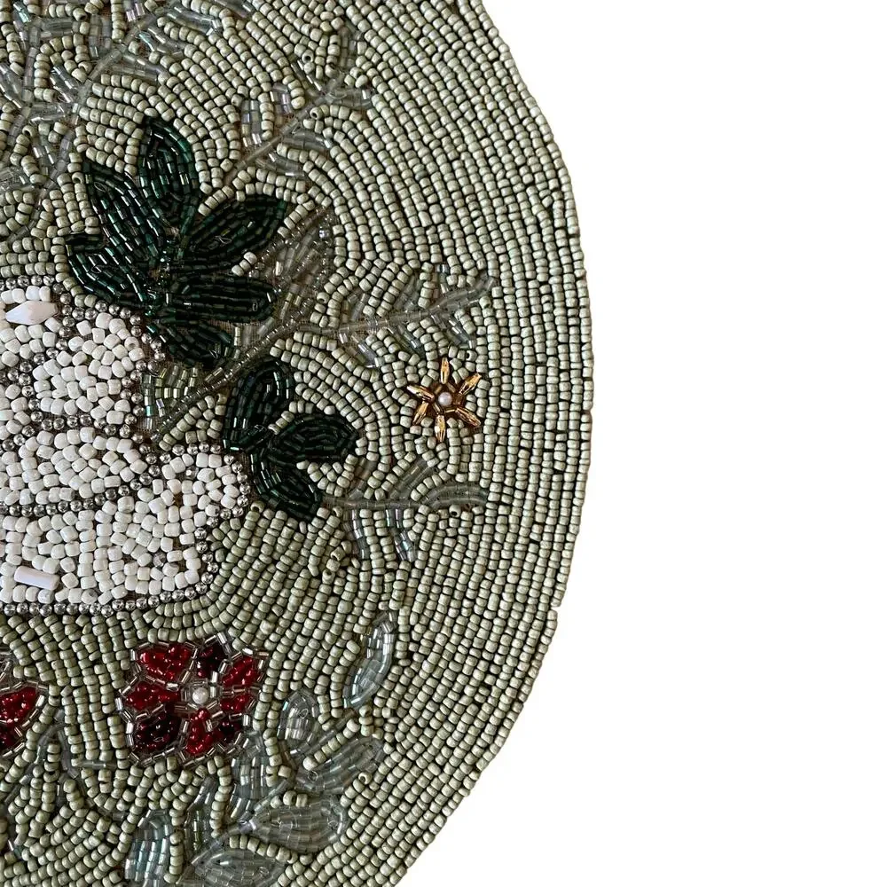 Tahari Beaded Swan Floral  Placemat Charger 15in Round Mossy Green New
